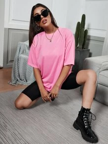 SHEIN EZwear Áo thun màu trơn Giải trí - Hồng - Xem 6