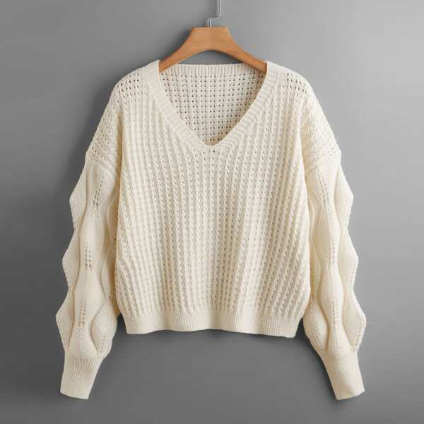 

Plus Bishop Sleeve V-Neck Sweater, Beige