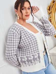 Plus Gingham & Deer Pattern Cardigan - Multicolor - View 3