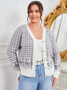 Plus Gingham & Deer Pattern Cardigan - Multicolor - View 1