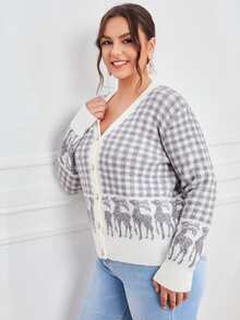 Plus Gingham & Deer Pattern Cardigan - Multicolor - View 4