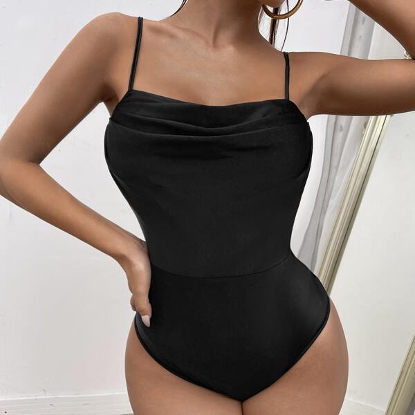 

Solid Draped Cami Bodysuit, Black