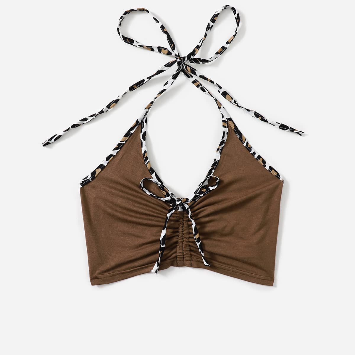 

Leopard Drawstring Halter Top, Coffee brown