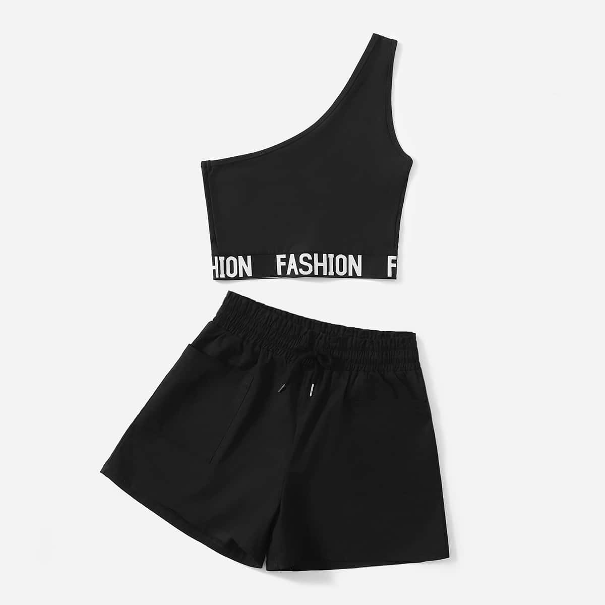 

Letter Graphic One Shoulder Top & Shorts, Black
