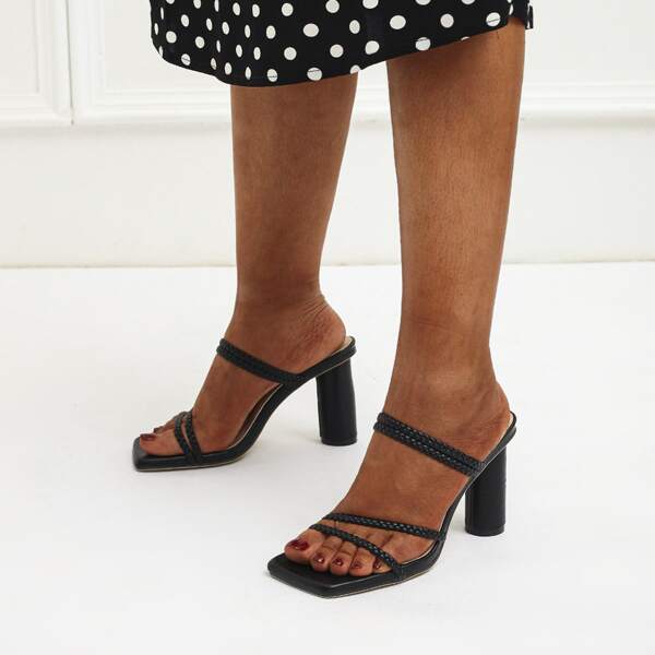 

Braided Strap Chunky Heeled Mules, Black