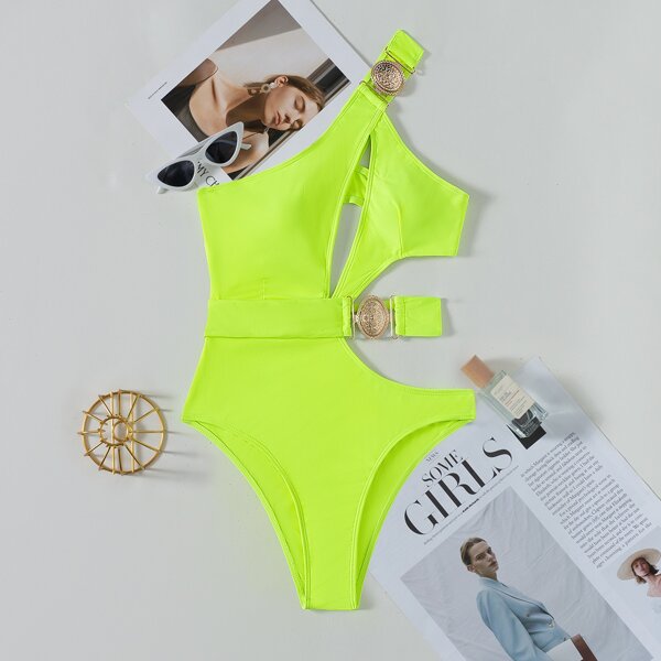 

Metal Decor Cut Out One Shoulder One Piece Swimsuit, Lime green