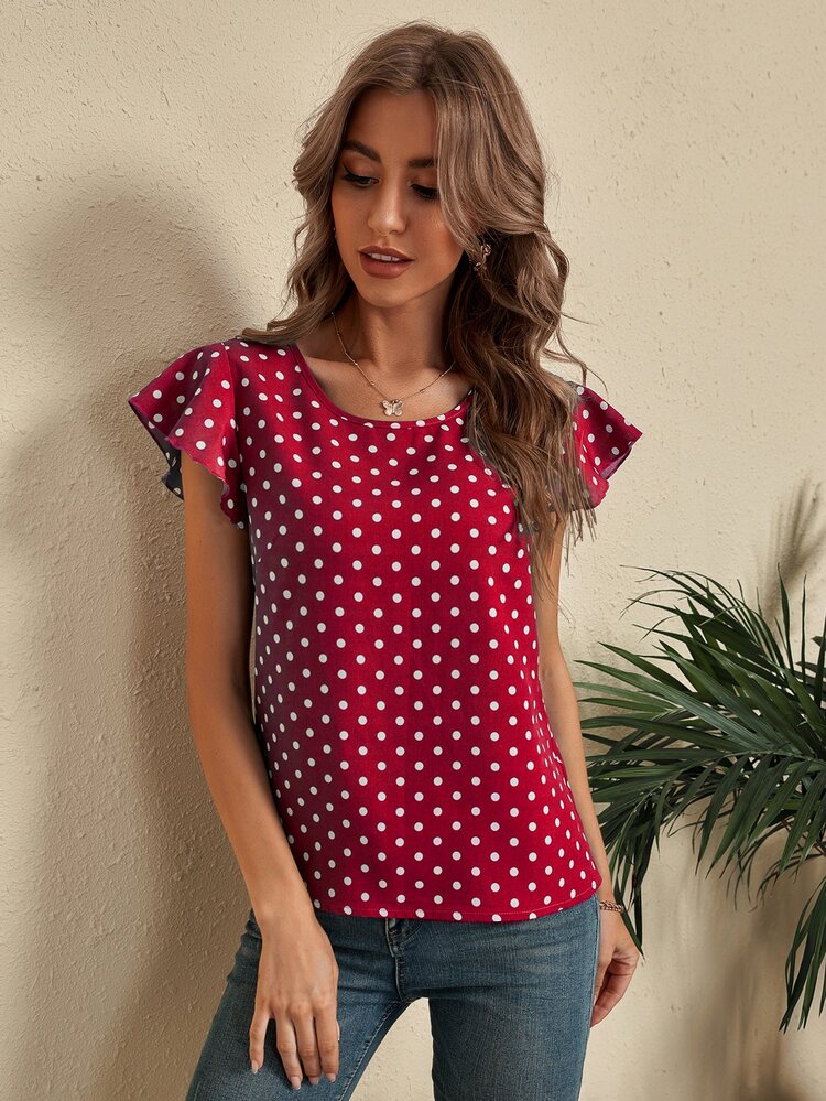 SHEIN LUNE Polka Dot Cut Out Back Blouse - Red - View 4
