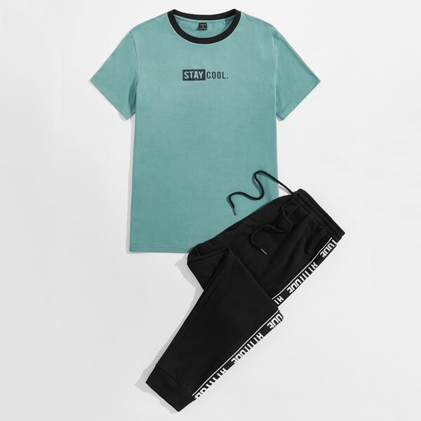 

Men Slogan Graphic Tee & Letter Tape Panel Pants, Multicolor