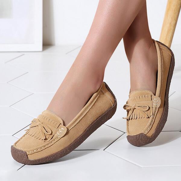 

Bow & Fringe Decor Leather Flat Loafers, Apricot