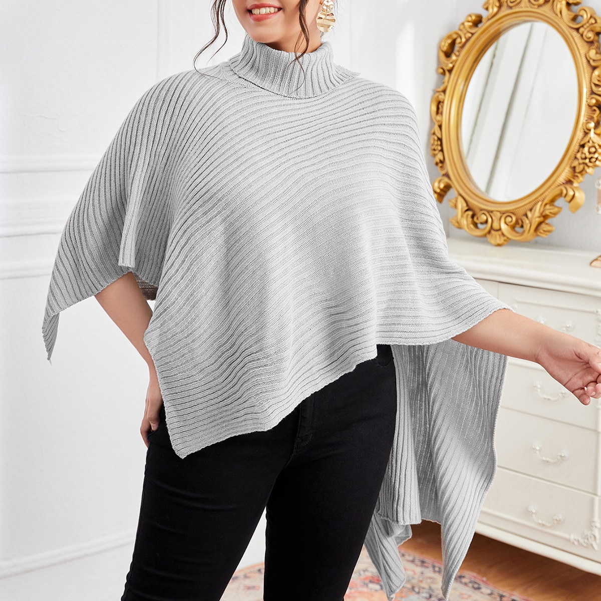 размера плюс с высоким воротником в рубчик Свитер Пончо
