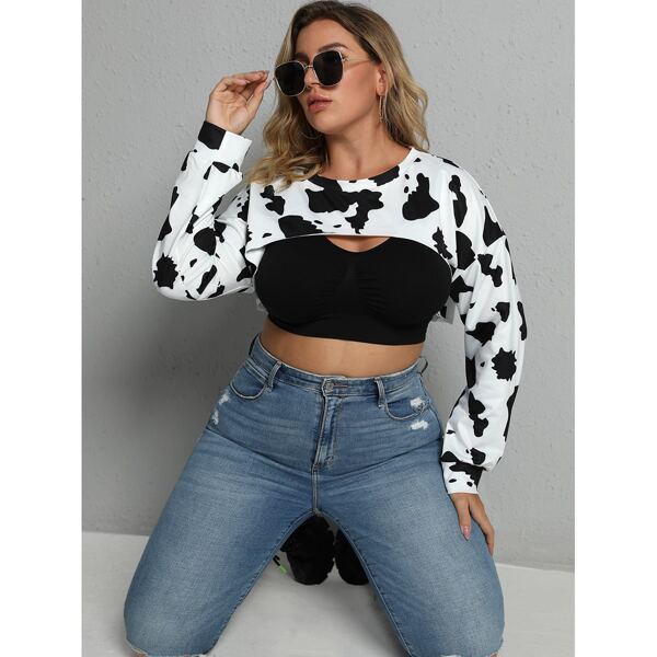 

Plus Cow Print Super Crop Sweatshirt Without Tank Top, Black and white
