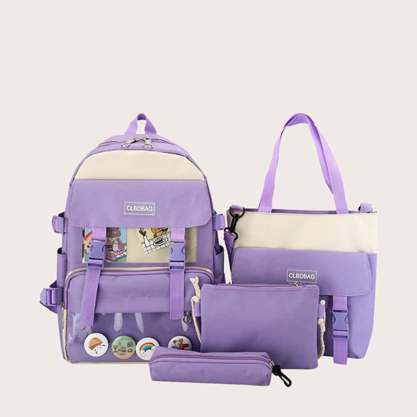 

4pcs Girls Two Tone Cartoon Graphic Backpack Set, Purple