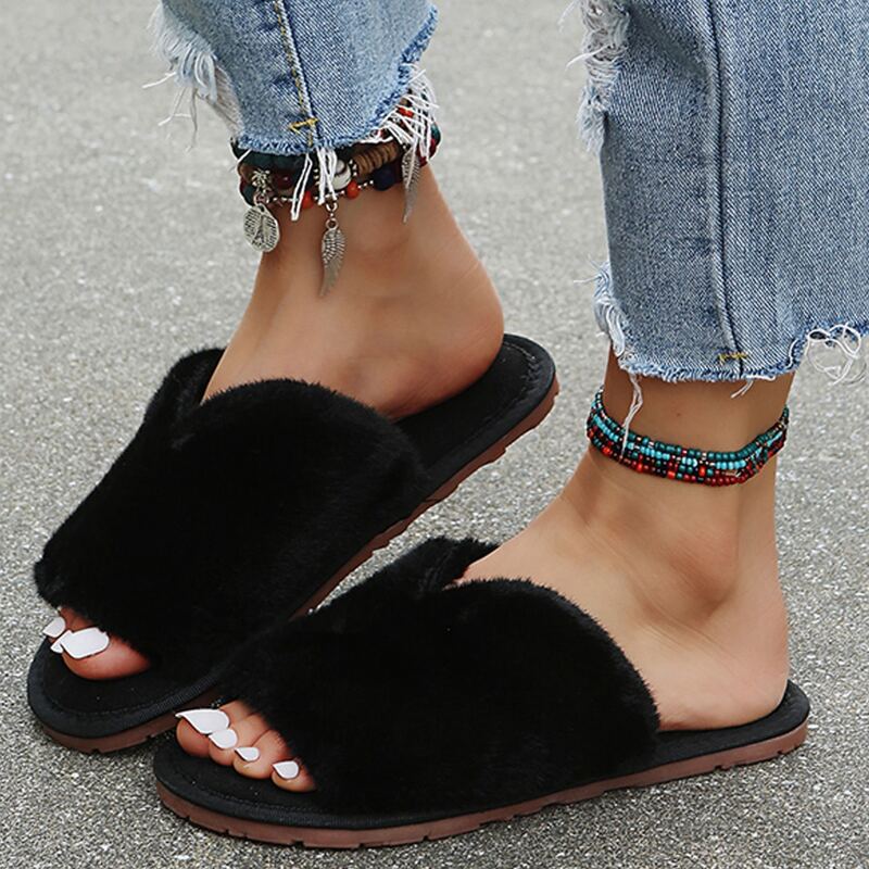 

Fluffy Flat Slippers, Black