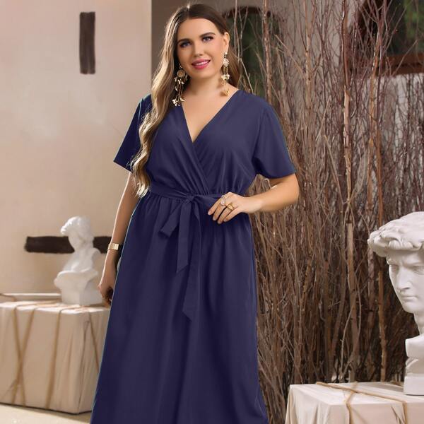 

Plus Surplice Front Belted Dress, Navy blue