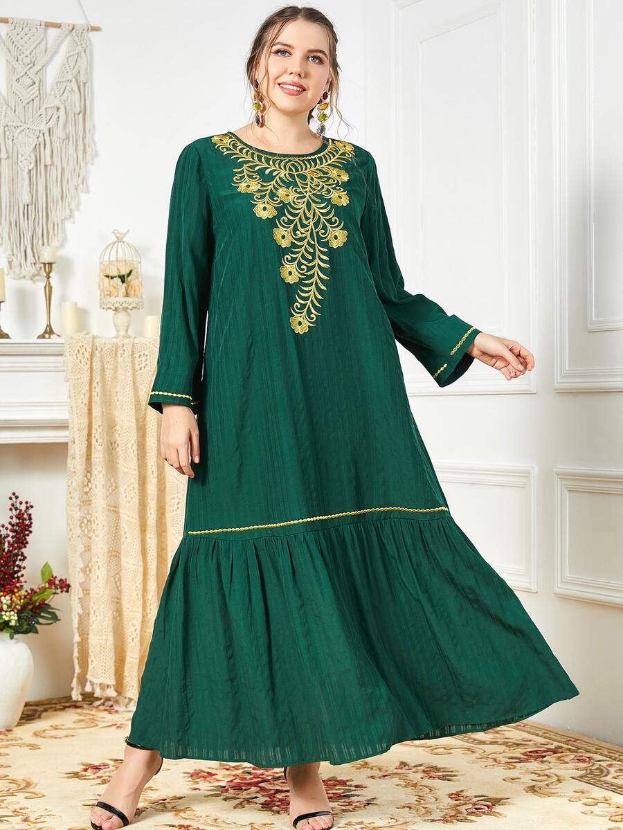 Al Najma Vestido con bordado floral bajo con fruncido - Verde Oscuro - Ver 1