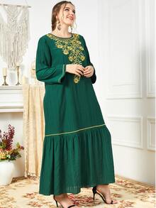 Al Najma Vestido con bordado floral bajo con fruncido - Verde Oscuro - Ver 4