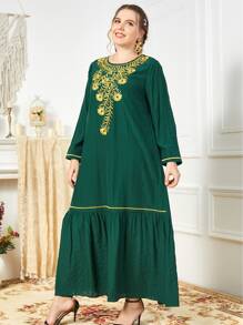 Al Najma Vestido con bordado floral bajo con fruncido - Verde Oscuro - Ver 6