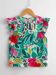 SHEIN Girls Floral Print Ruffle Sleeve Keyhole Back Blouse - Multicolor - View 1