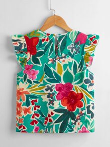 SHEIN Girls Floral Print Ruffle Sleeve Keyhole Back Blouse - Multicolor - View 2