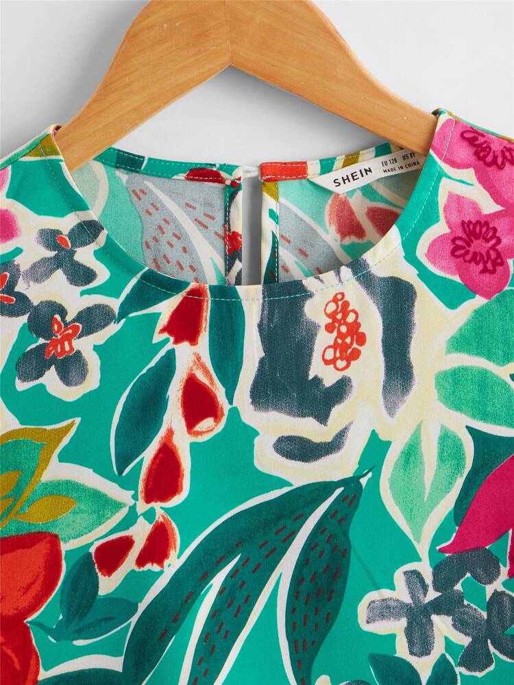 SHEIN Girls Floral Print Ruffle Sleeve Keyhole Back Blouse - Multicolor - View 3