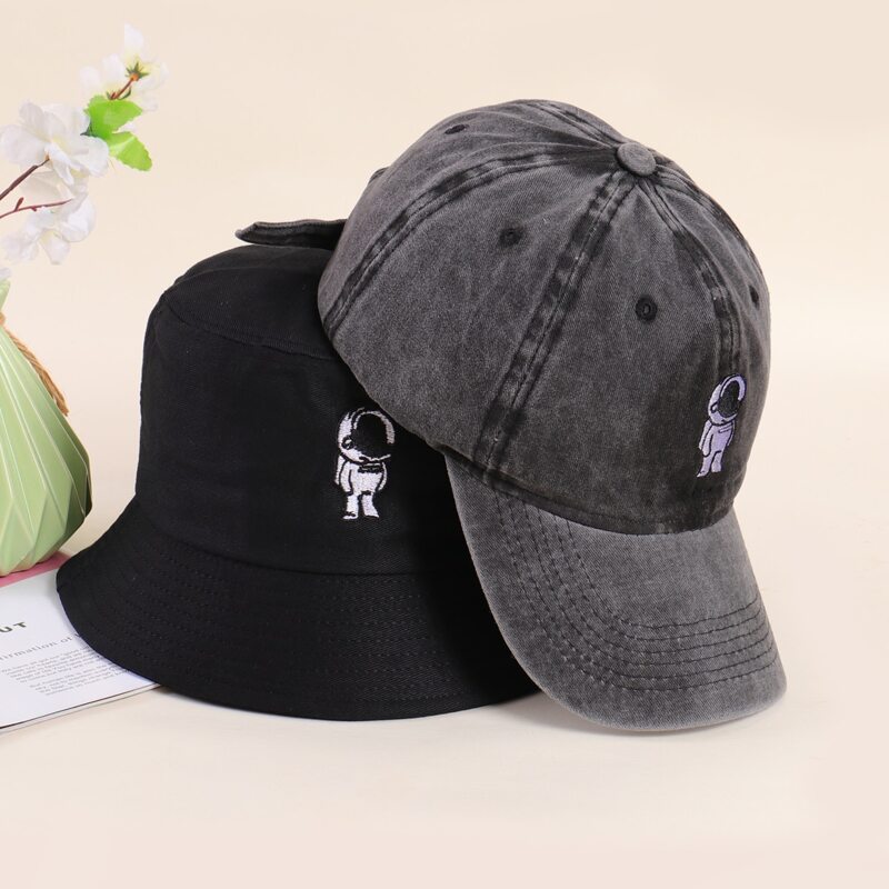 

1pc Astronaut Embroidery Bucket Hat & 1pc Baseball Cap, Black