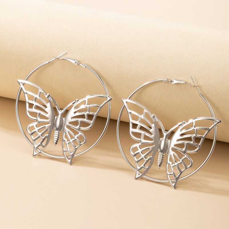 

Butterfly Decor Hoop Earrings, Silver