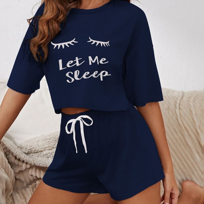 

Slogan Graphic Drop Shoulder Pajama Set, Navy blue