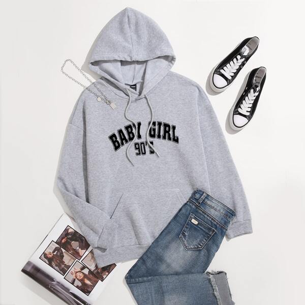 

Letter Graphic Drawstring Hoodie, Light grey