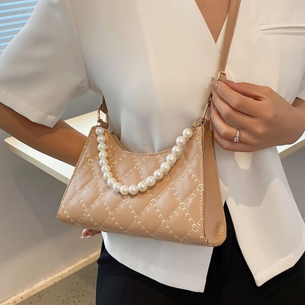 

Faux Pearl Decor Quilted Shoulder Bag, Khaki