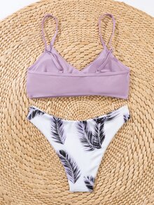 Palm Leaf Print Surplice Neck Bikini - Multicolor - View 2