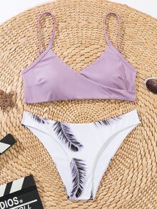 Palm Leaf Print Surplice Neck Bikini - Multicolor - View 5