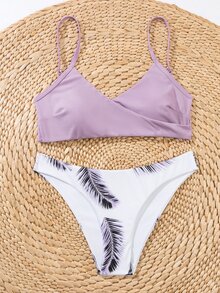 Palm Leaf Print Surplice Neck Bikini - Multicolor - View 6