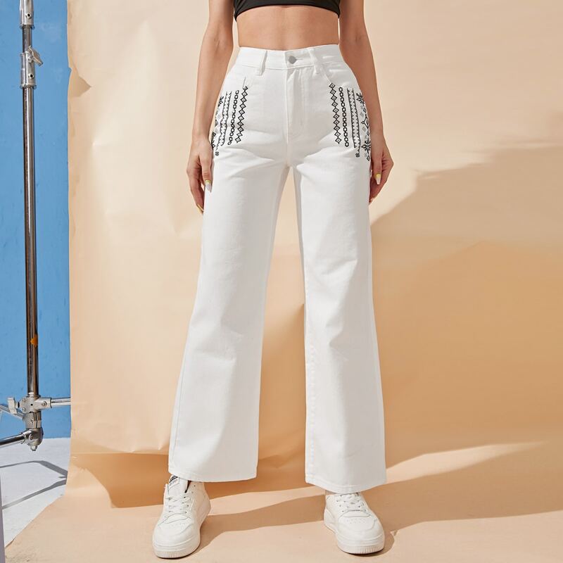 

High Waist Geo Print Wide Leg Jeans, White