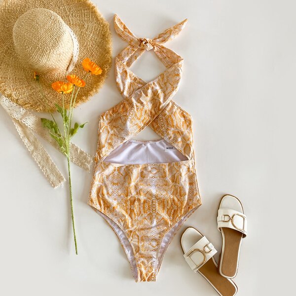 

Snakeskin Print Criss Cross One Piece Swimsuit, Multicolor