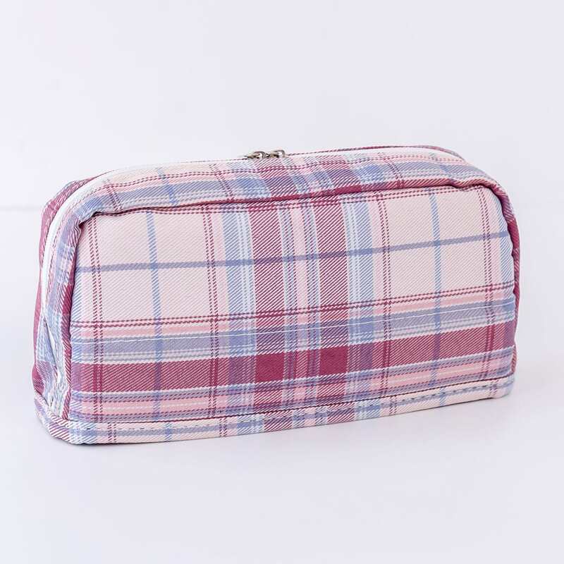 

Plaid Pattern Pencil Bag, Red violet