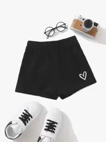 SHEIN Girls Heart Print Elastic Waist Shorts - Black - View 1