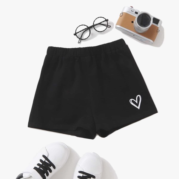 

Girls Heart Print Elastic Waist Shorts, Black