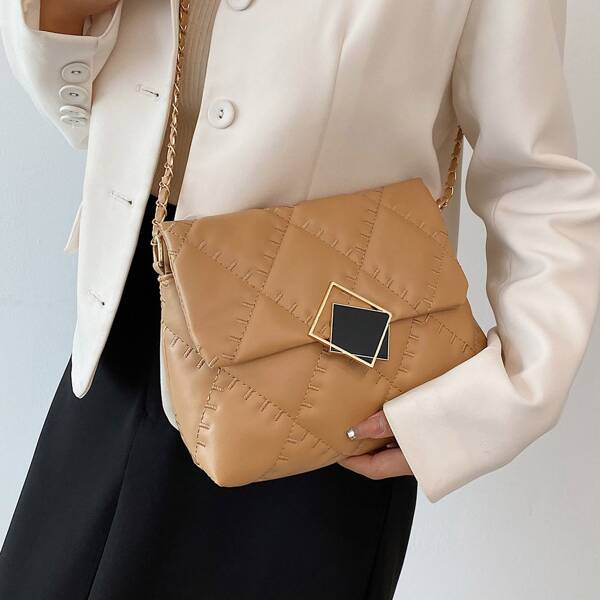 

Quilted Buckle Chain Crossbody Bag, Khaki
