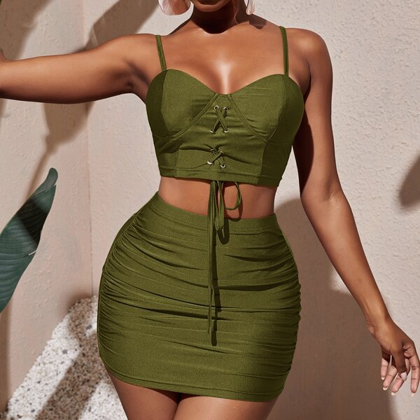 

Solid Lace Up Crop Cami Top & Ruched Skirt, Army green