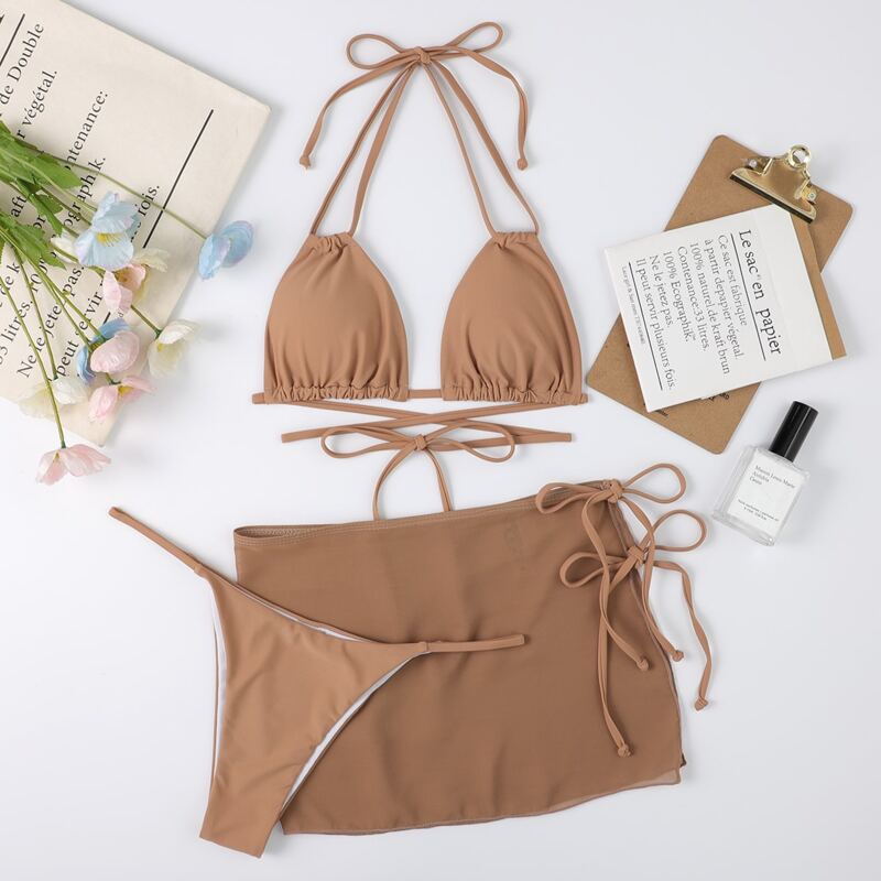 

3pack Triangle Thong Bikini Swimsuit & Beach Skirt, Khaki
