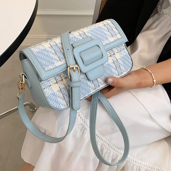 

Tweed Buckle Crossbody Bag, Blue