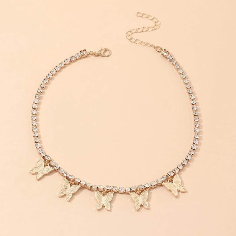

Butterfly Charm Rhinestone Necklace, Gold