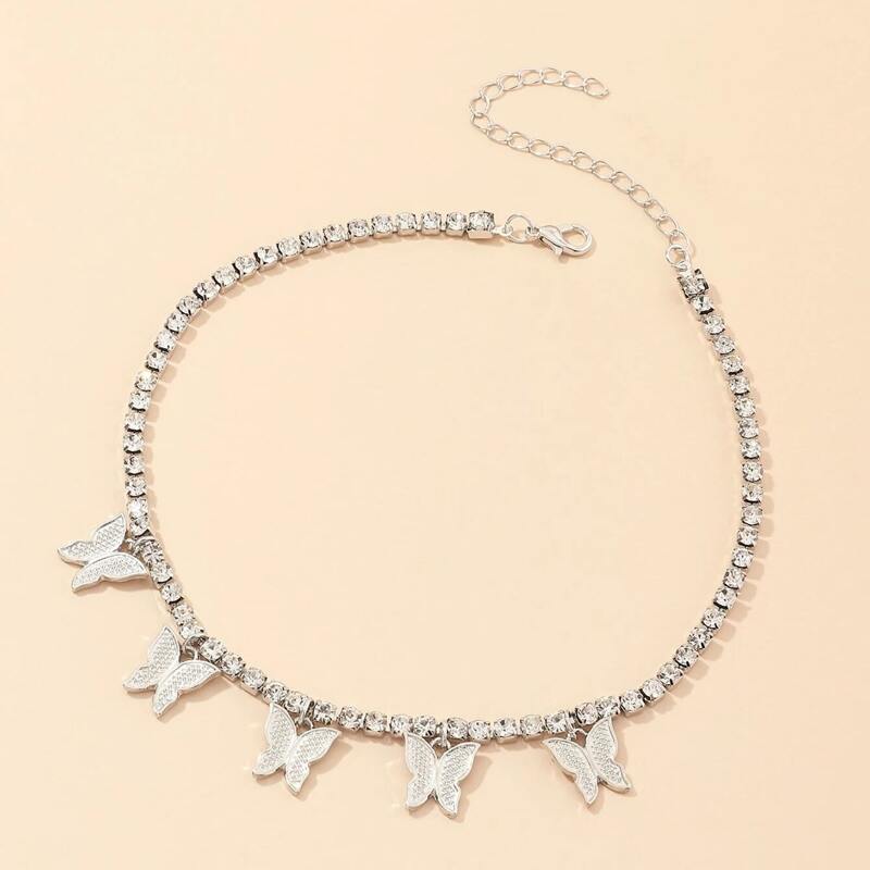 

Butterfly Charm Rhinestone Necklace, Silver