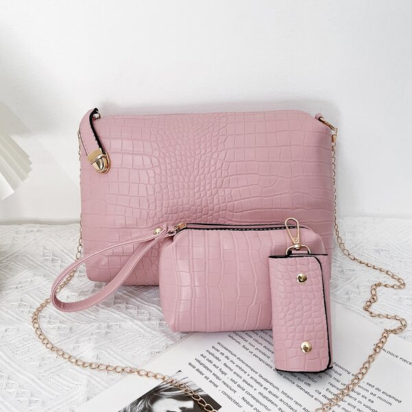 

3pcs Croc Embossed Bag Set, Pink
