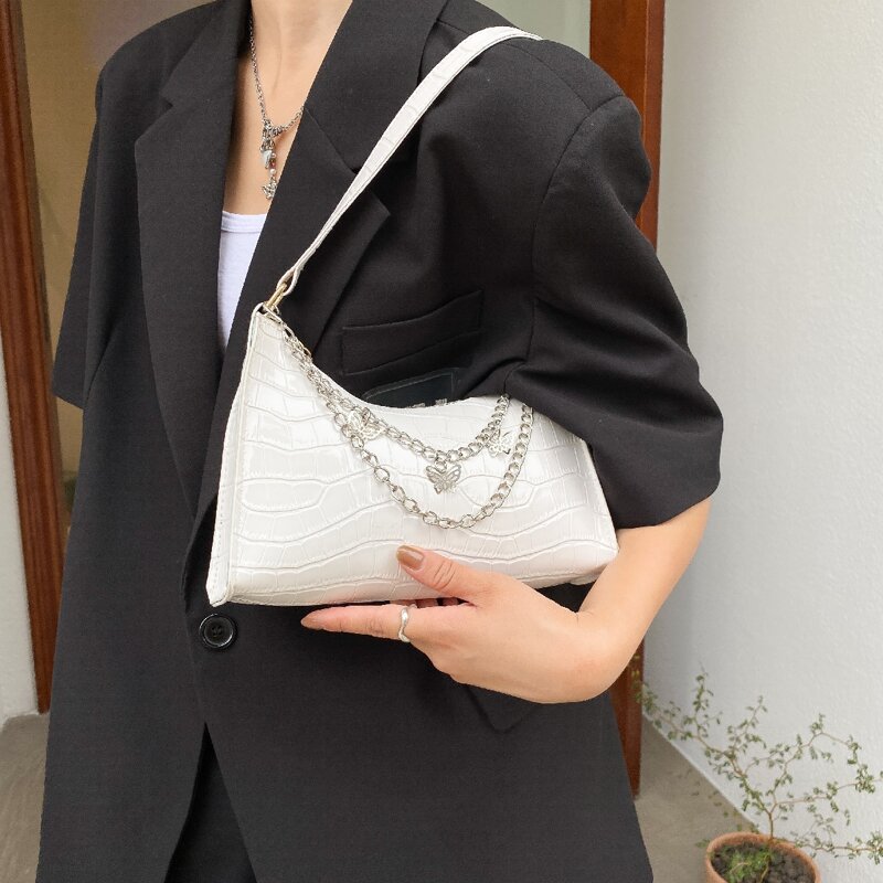

Butterfly Chain Decor Baguette Bag, White