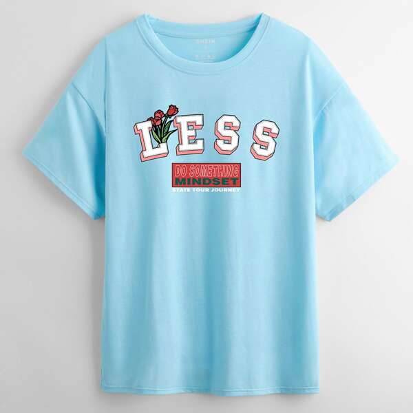 

Floral & Letter Graphic Tee, Mint blue