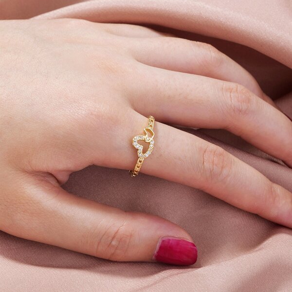 

Zircon Heart Decor Cuff Ring, Gold