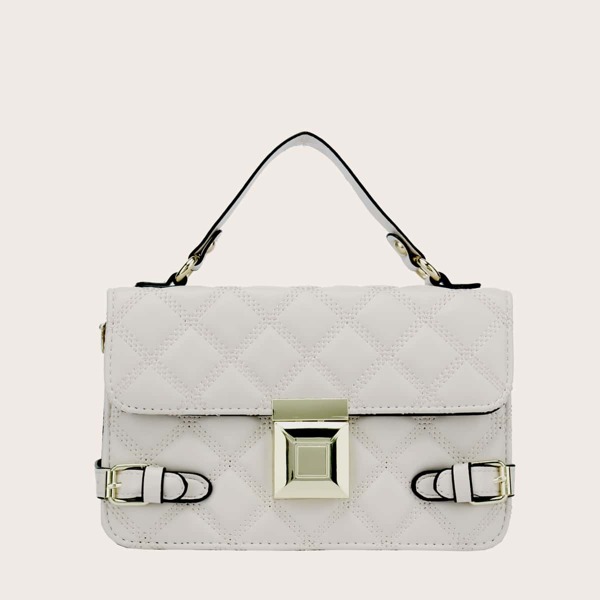 

Quilted Buckle Satchel Bag, Beige