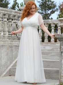 Große Größen Rüschenärmel Chiffon Abschlussballkleid Junggesellinnenabschied Partykleid Bridal-Shower Kleid Hochzeitskleid für Braut Verlobungskleider