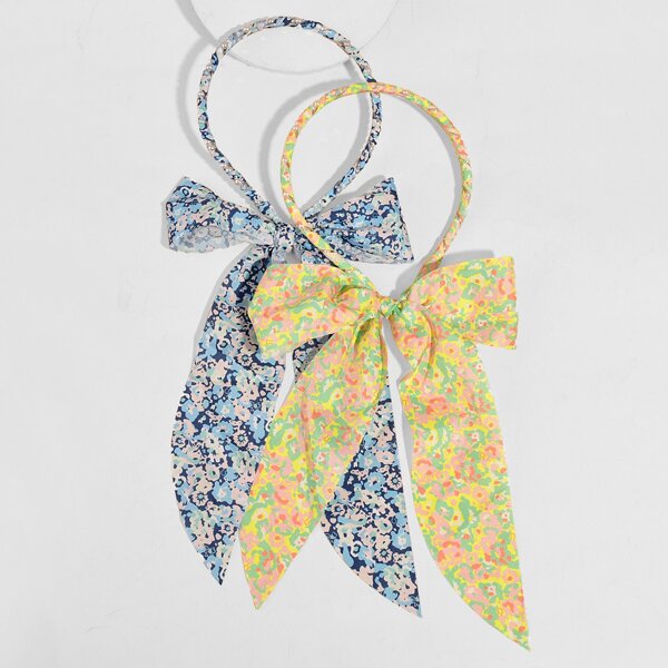 

2pcs Flower Print Bow Decor Headband, Multicolor